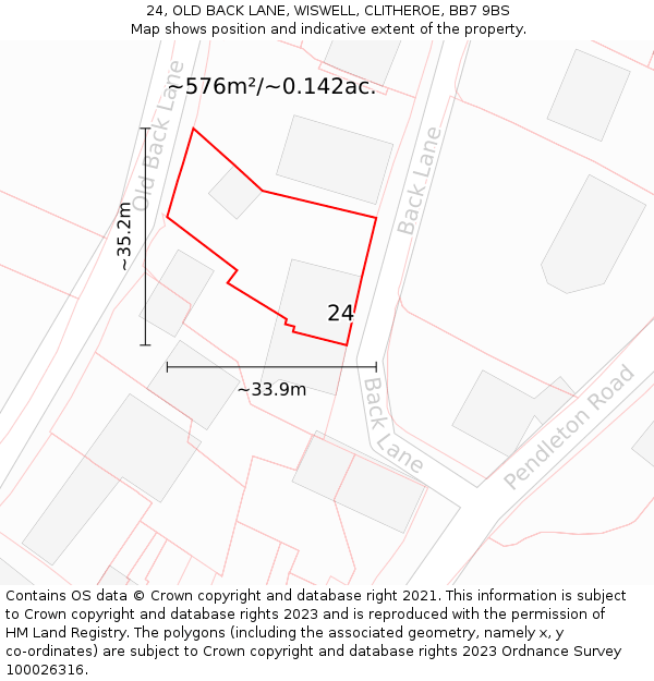 24, OLD BACK LANE, WISWELL, CLITHEROE, BB7 9BS: Plot and title map