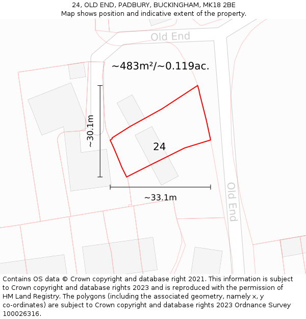 24, OLD END, PADBURY, BUCKINGHAM, MK18 2BE: Plot and title map