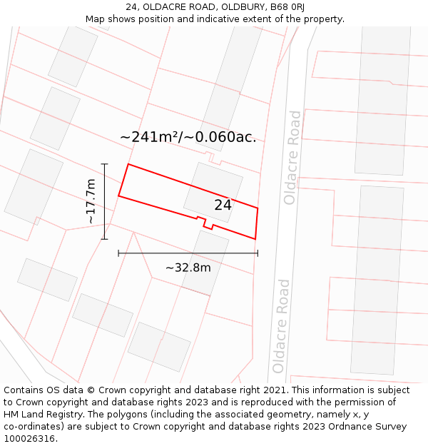 24, OLDACRE ROAD, OLDBURY, B68 0RJ: Plot and title map