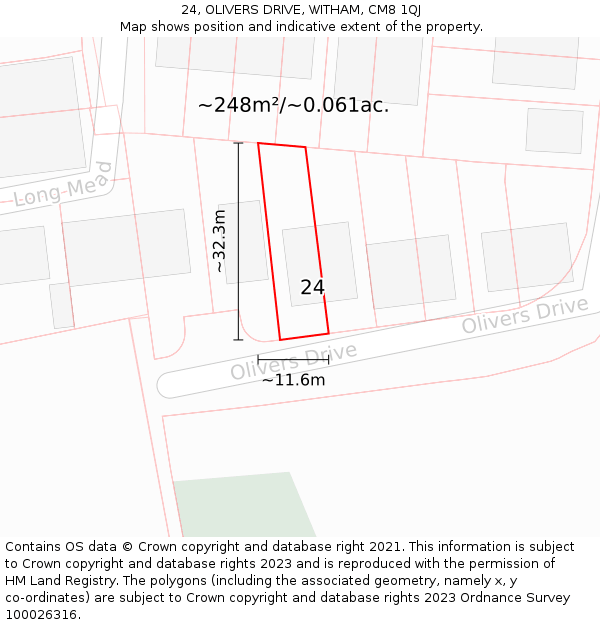 24, OLIVERS DRIVE, WITHAM, CM8 1QJ: Plot and title map