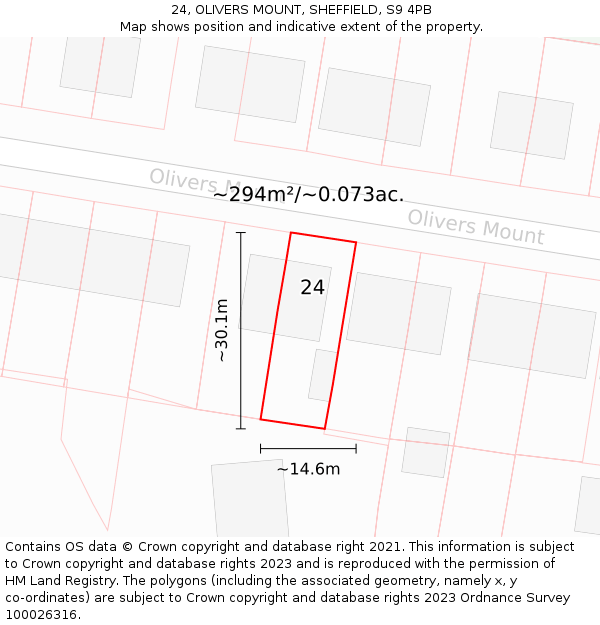 24, OLIVERS MOUNT, SHEFFIELD, S9 4PB: Plot and title map