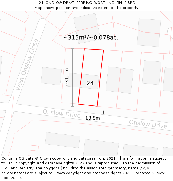 24, ONSLOW DRIVE, FERRING, WORTHING, BN12 5RS: Plot and title map