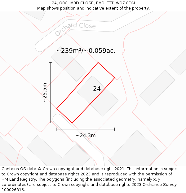 24, ORCHARD CLOSE, RADLETT, WD7 8DN: Plot and title map
