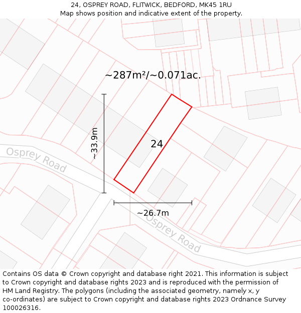 24, OSPREY ROAD, FLITWICK, BEDFORD, MK45 1RU: Plot and title map