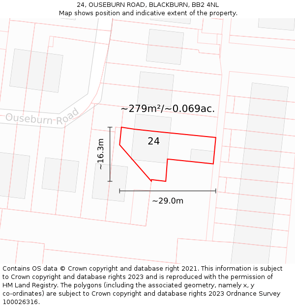 24, OUSEBURN ROAD, BLACKBURN, BB2 4NL: Plot and title map