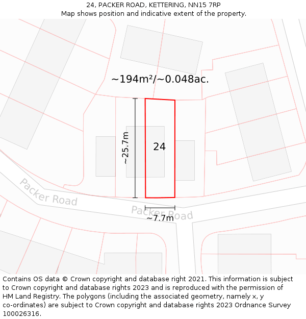 24, PACKER ROAD, KETTERING, NN15 7RP: Plot and title map
