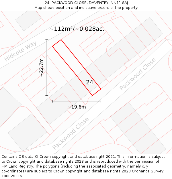 24, PACKWOOD CLOSE, DAVENTRY, NN11 8AJ: Plot and title map