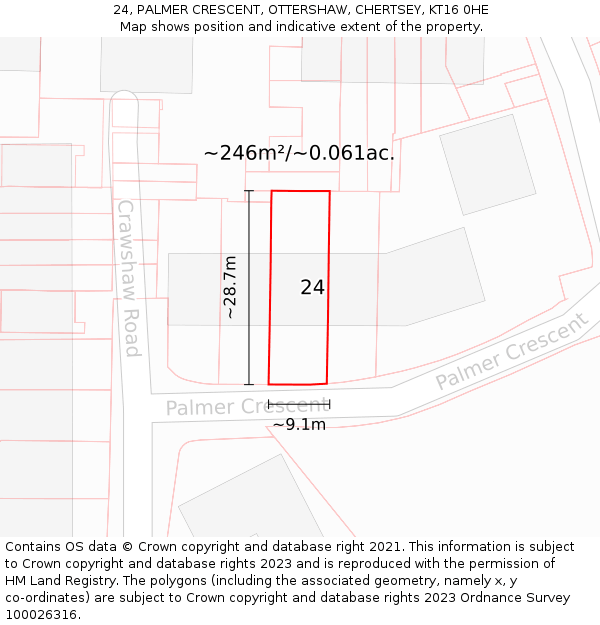 24, PALMER CRESCENT, OTTERSHAW, CHERTSEY, KT16 0HE: Plot and title map