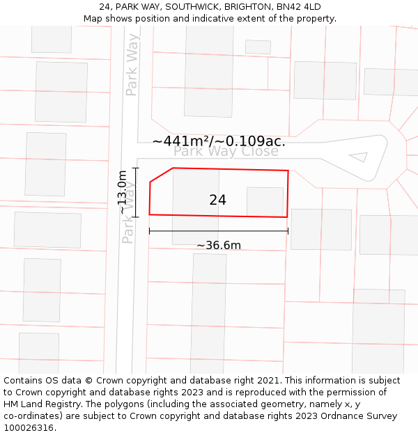 24, PARK WAY, SOUTHWICK, BRIGHTON, BN42 4LD: Plot and title map