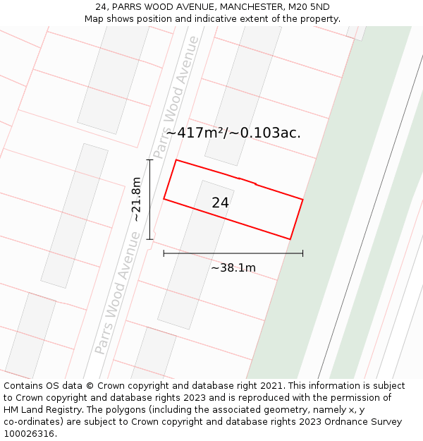 24, PARRS WOOD AVENUE, MANCHESTER, M20 5ND: Plot and title map