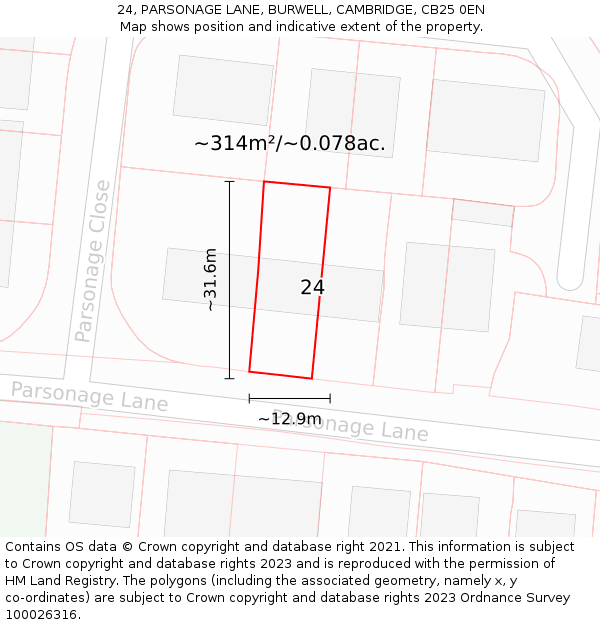 24, PARSONAGE LANE, BURWELL, CAMBRIDGE, CB25 0EN: Plot and title map