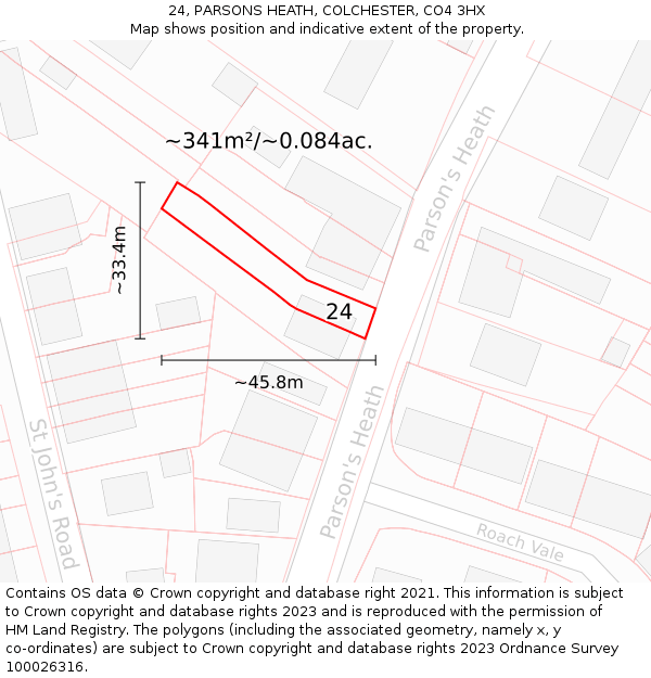 24, PARSONS HEATH, COLCHESTER, CO4 3HX: Plot and title map