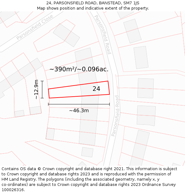 24, PARSONSFIELD ROAD, BANSTEAD, SM7 1JS: Plot and title map