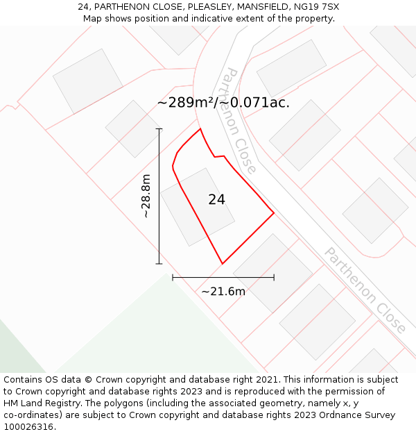 24, PARTHENON CLOSE, PLEASLEY, MANSFIELD, NG19 7SX: Plot and title map