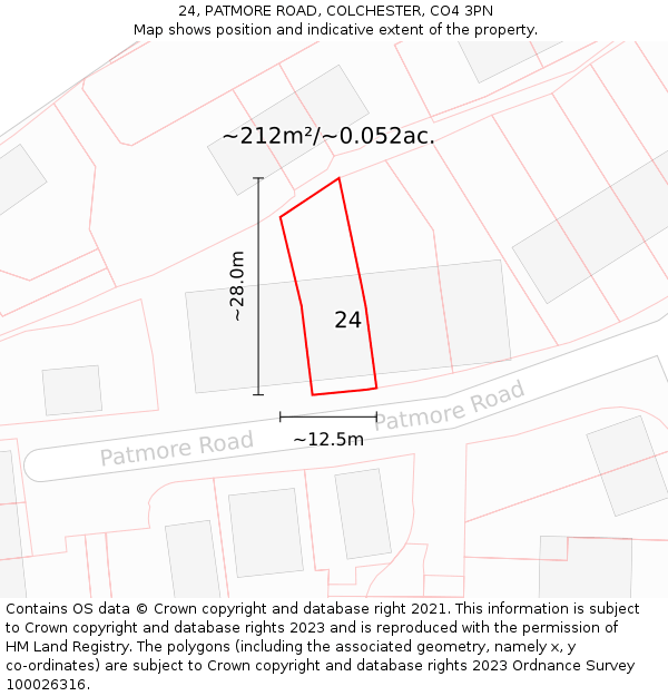 24, PATMORE ROAD, COLCHESTER, CO4 3PN: Plot and title map
