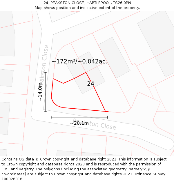 24, PEAKSTON CLOSE, HARTLEPOOL, TS26 0PN: Plot and title map