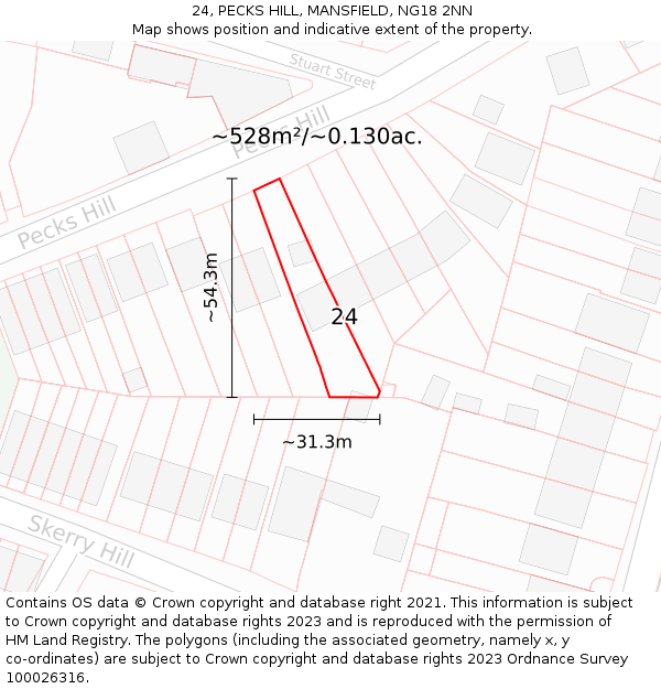 24, PECKS HILL, MANSFIELD, NG18 2NN: Plot and title map