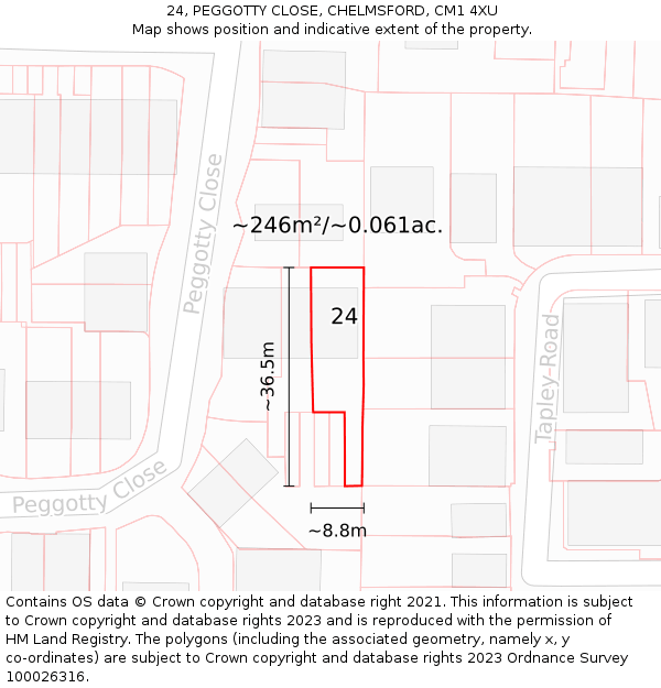24, PEGGOTTY CLOSE, CHELMSFORD, CM1 4XU: Plot and title map