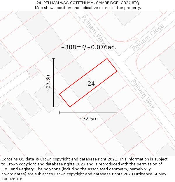 24, PELHAM WAY, COTTENHAM, CAMBRIDGE, CB24 8TQ: Plot and title map