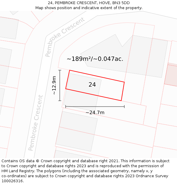 24, PEMBROKE CRESCENT, HOVE, BN3 5DD: Plot and title map