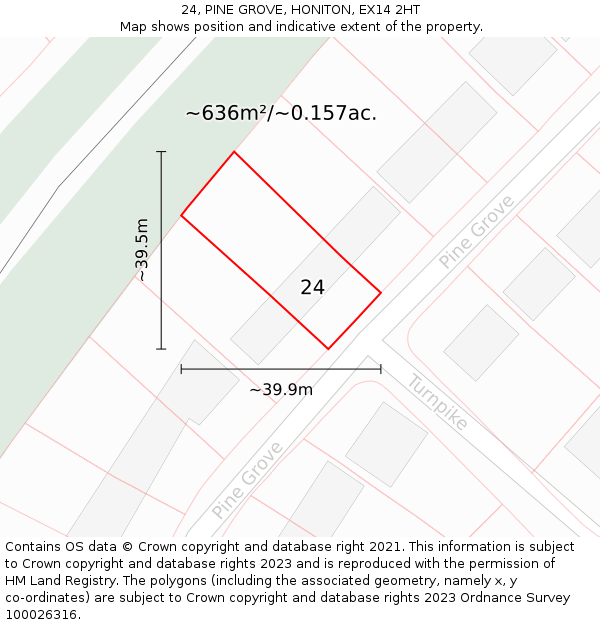 24, PINE GROVE, HONITON, EX14 2HT: Plot and title map