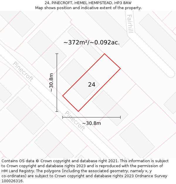 24, PINECROFT, HEMEL HEMPSTEAD, HP3 8AW: Plot and title map