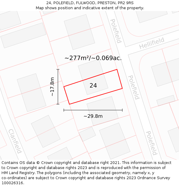 24, POLEFIELD, FULWOOD, PRESTON, PR2 9RS: Plot and title map