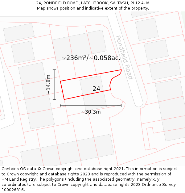 24, PONDFIELD ROAD, LATCHBROOK, SALTASH, PL12 4UA: Plot and title map