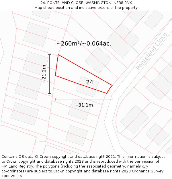 24, PONTELAND CLOSE, WASHINGTON, NE38 0NX: Plot and title map