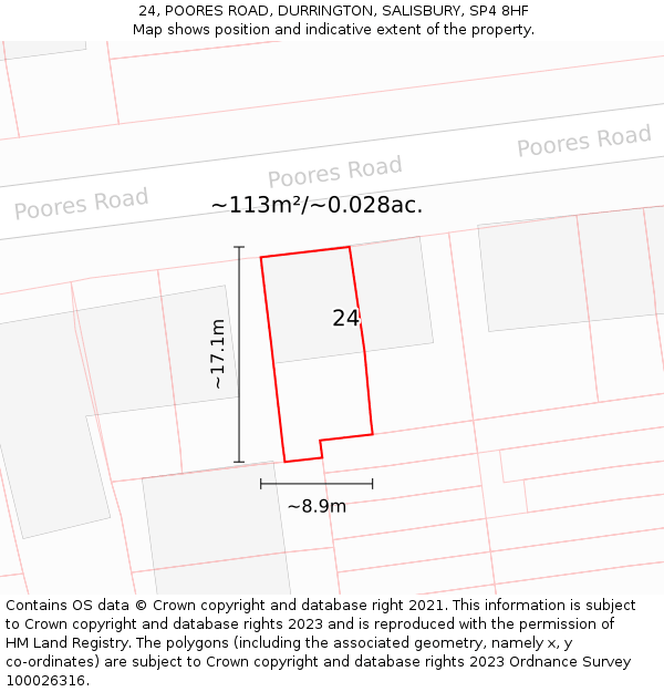 24, POORES ROAD, DURRINGTON, SALISBURY, SP4 8HF: Plot and title map
