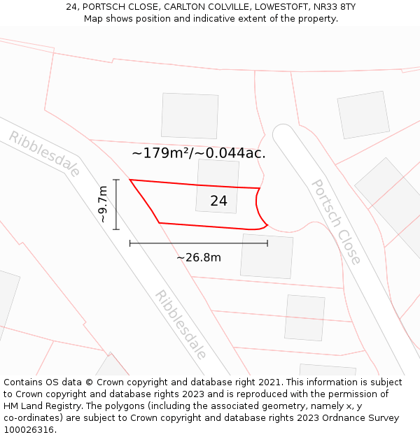 24, PORTSCH CLOSE, CARLTON COLVILLE, LOWESTOFT, NR33 8TY: Plot and title map