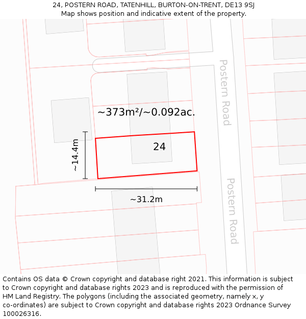 24, POSTERN ROAD, TATENHILL, BURTON-ON-TRENT, DE13 9SJ: Plot and title map