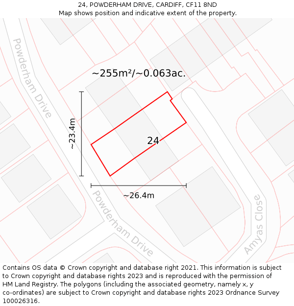 24, POWDERHAM DRIVE, CARDIFF, CF11 8ND: Plot and title map