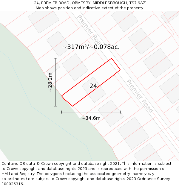 24, PREMIER ROAD, ORMESBY, MIDDLESBROUGH, TS7 9AZ: Plot and title map