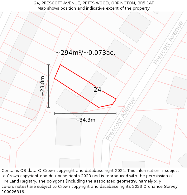 24, PRESCOTT AVENUE, PETTS WOOD, ORPINGTON, BR5 1AF: Plot and title map