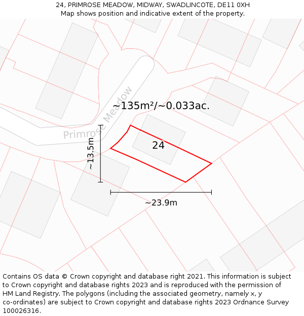 24, PRIMROSE MEADOW, MIDWAY, SWADLINCOTE, DE11 0XH: Plot and title map