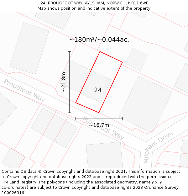 24, PROUDFOOT WAY, AYLSHAM, NORWICH, NR11 6WE: Plot and title map