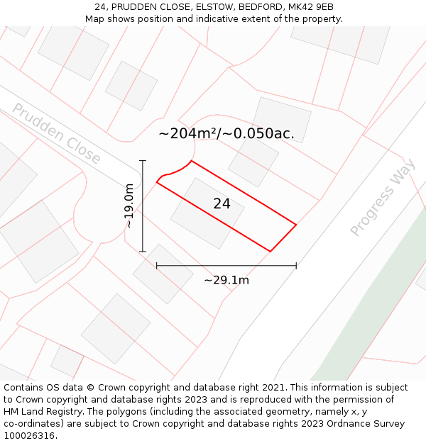 24, PRUDDEN CLOSE, ELSTOW, BEDFORD, MK42 9EB: Plot and title map