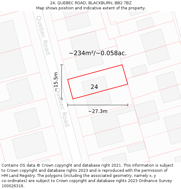 24, QUEBEC ROAD, BLACKBURN, BB2 7BZ: Plot and title map