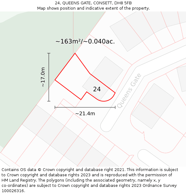 24, QUEENS GATE, CONSETT, DH8 5FB: Plot and title map