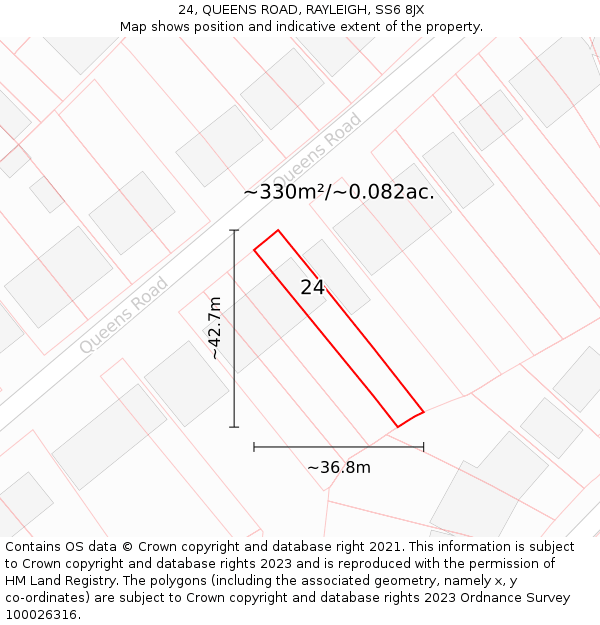 24, QUEENS ROAD, RAYLEIGH, SS6 8JX: Plot and title map