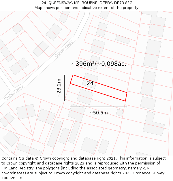 24, QUEENSWAY, MELBOURNE, DERBY, DE73 8FG: Plot and title map