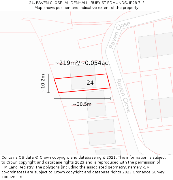24, RAVEN CLOSE, MILDENHALL, BURY ST EDMUNDS, IP28 7LF: Plot and title map