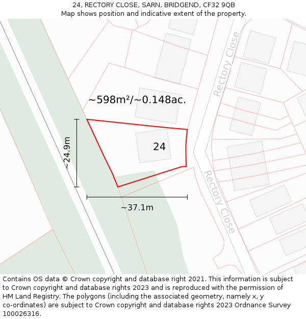 24, RECTORY CLOSE, SARN, BRIDGEND, CF32 9QB: Plot and title map