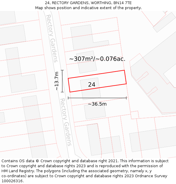 24, RECTORY GARDENS, WORTHING, BN14 7TE: Plot and title map