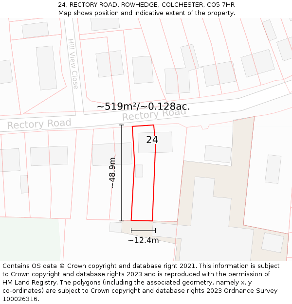 24, RECTORY ROAD, ROWHEDGE, COLCHESTER, CO5 7HR: Plot and title map