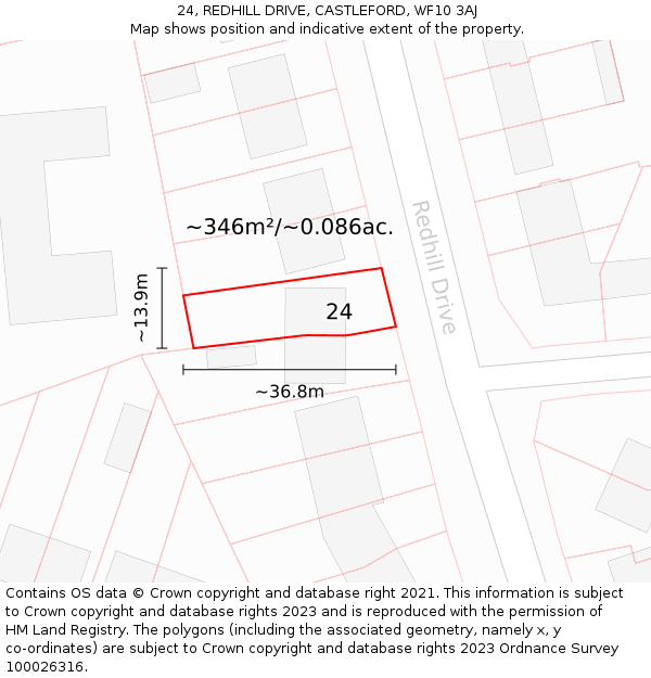 24, REDHILL DRIVE, CASTLEFORD, WF10 3AJ: Plot and title map