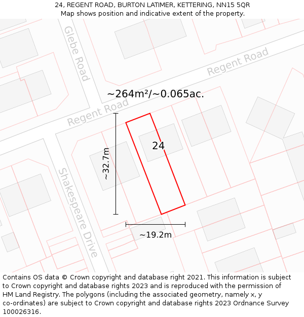 24, REGENT ROAD, BURTON LATIMER, KETTERING, NN15 5QR: Plot and title map