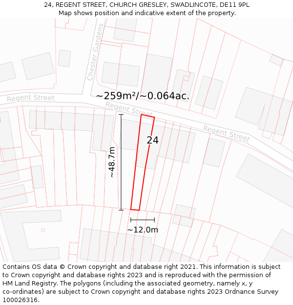 24, REGENT STREET, CHURCH GRESLEY, SWADLINCOTE, DE11 9PL: Plot and title map