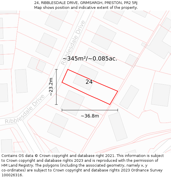 24, RIBBLESDALE DRIVE, GRIMSARGH, PRESTON, PR2 5RJ: Plot and title map